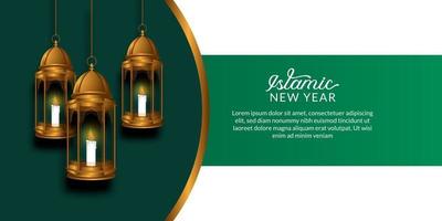 Islamic new year. Happy muharram. hanging arabic golden lanterns with green and white background. vector