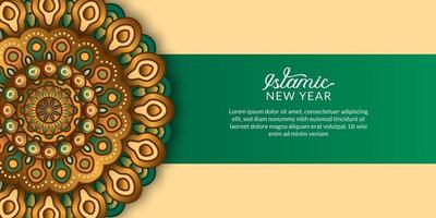 Islamic new year. Happy muharram. elegant mandala decorative with green and golden color. vector