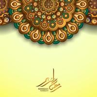Greeting card template for islamic vector design with golden color decorative mandala pattern and ramadan kareem arabic calligraphy