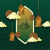 Islamic event greeting card with ramadan kareem arabic calligraphy. Window mosque illustration with hanging fanoos light lantern, circle mandala, cloud, and green geometrical pattern vector