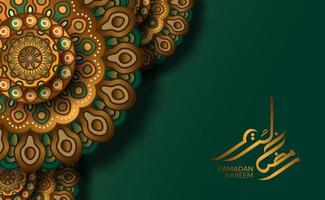 Islamic greeting card template. luxury motif geometrical traditional mandala pattern with green background and ramadan kareem calligraphy vector