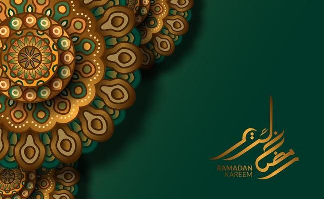 Islamic greeting card template. luxury motif geometrical traditional mandala pattern with green background and ramadan kareem calligraphy