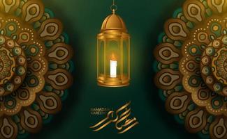 Greeting card template. Illustration of 3D fanoos arabic lantern with geometrical mandala pattern with green background and ramadan kareem calligraphy vector