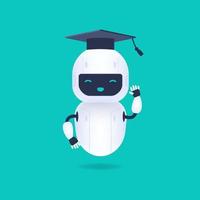 White friendly robot character. Graduated cute and smile AI robot wearing graduation cap. Machine learning concept. vector