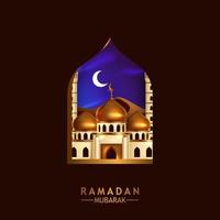 mosque golden dome view at night from window frame. Islamic event holy month ramadan kareem vector