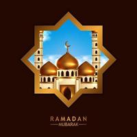 mosque golden dome view at night from star window frame. Islamic event holy month ramadan kareem. vector