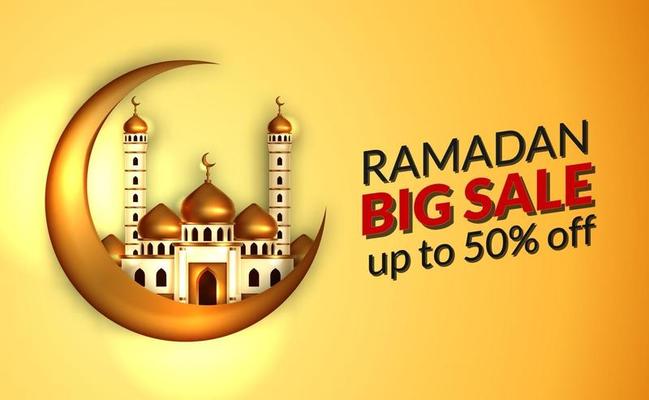 Ramadan sale offer banner template with illustration of  3d golden dome mosque with 3d gold crescent moon illustration. Islamic holy month fasting event.