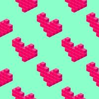 Isometric pixel hearts seamless pattern on light green background. vector