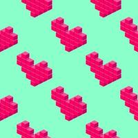 Isometric pixel hearts seamless pattern on light green background. vector