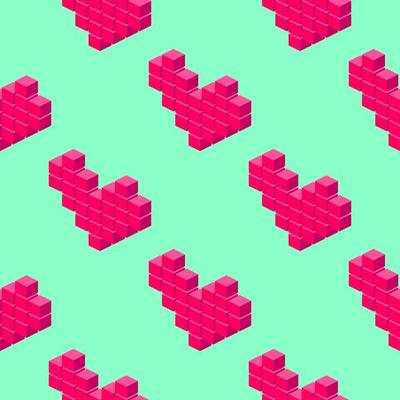 Isometric pixel hearts seamless pattern on light green background.