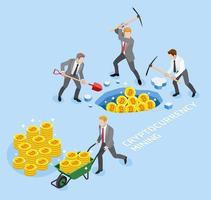 Bitcoin cryptocurrency mining concept. Group of business man use pickaxe working coin mine. Vector illustrations.