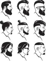 Hipsters men faces collection side view. Vector illustration.