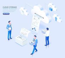 Ilustraciones isométricas de vector de tecnología de intercambio de almacenamiento en la nube.