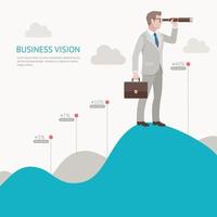 Business vision concepts. Businessman looking through binoculars standing on a mountain graph. Vector illustration.