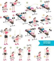 mujer entrenamiento fitness, aeróbicos y ejercicios. ilustración vectorial. vector