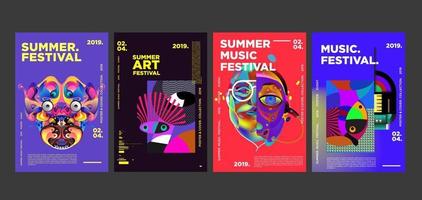 Summer music and art festival poster set vector