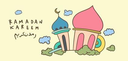 ramadan kareem mezquita islámica niños saludo dibujado a mano vector