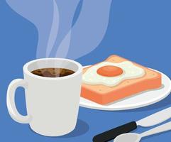 coffee mug with egg on a bread and cutlery vector design