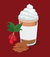 iced coffee with cream, berries, leaves, and beans vector design