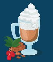 iced coffee cup with cream, berries, leaves, and beans vector design