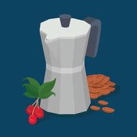 coffee moka pot, beans, berries, and leaves vector design