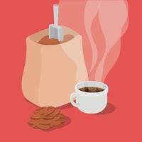 coffee beans, bag, mug, berries, and leaves vector design