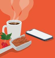 coffee mug, smartphone, beans on a spoon, berries, and leaves vector design