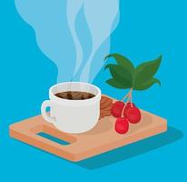coffee mug, beans, berries, and leaves vector design