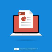 PPT files icon on laptop screen concept. Format extension of document symbol vector illustration