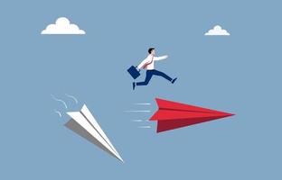 Business and career path concept. Businessman jump over the new paper plane illustration. vector