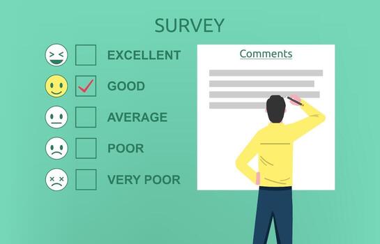 Man filling survey form concept. A survey questionnaire for customer satisfaction vector illustration