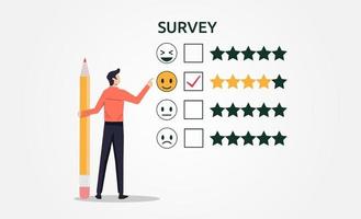 A man with pencil filling survey form concept. Survey feedback for customer satisfaction vector illustration