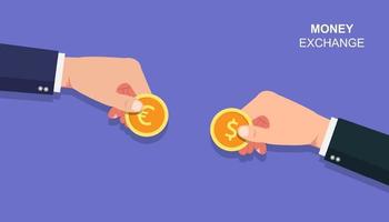 Businessmen hands holding coin of euro and dollar concept. Money exchange vector illustration