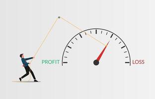 Prevent business loss strategy vector illustration. Businessman pulling pointer meter loss to profit concept.