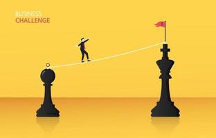 Businessman walking on the rope walk way from chessman to king chess concept. Business challenge and strategy symbol vector