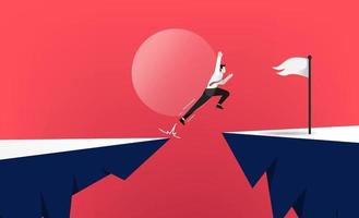 Courage businessman jump through the gap between hill. Business symbol idea vector illustration
