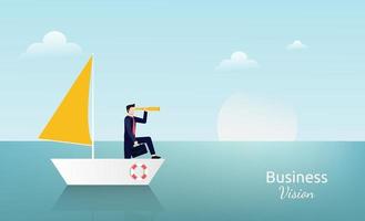 Businessman standing with telescope on the sailboat symbol. Business vision vector illustration