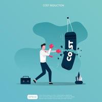 Cost reduction or efficiency design concept. Businessman character punch hardly the punching bag with word cost on it. Metaphor vector illustration, Business template