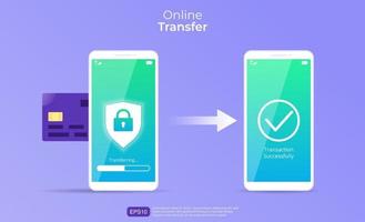 Online transfer vector concept. Money transfer from smartphone to another with credit card, shield, padlock and arrow symbol. Can be used for banner, landing page, flyer, social media app