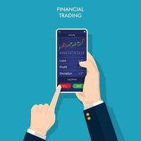 Financial trading on apps concept design. Hands holding smartphone to invest online. Buy and sell indicators on the candlestick chart graphic design, vector illustration.