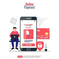 Online payment concept. Man sitting with his laptop and smartphone doing shopping via internet. Credit card and shield lock symbol for secure transaction. Vector illustration