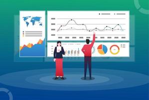 Data Analysis Concept. man and woman In front of the big screen for data analysis. Suitable for web landing page, ui, mobile app, editorial design, flyer, and banner. vector illustration