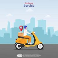 Online fast delivery services concept. courier man illustration with yellow scooter and navigation icon. city skyline in the background. flat vector style