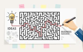 Business maze concept design. Businessman hand drawing line through maze labyrinth and thinks about solution to success. Graphic vector illustrations.