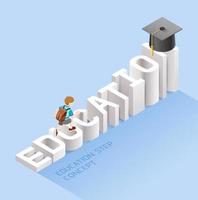 Education step concept. Boy student walking up on text education stairs to graduation hat. Isometric vector illustration.