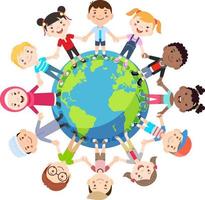 Kids love globe concept. Groups of children from all around the world join hands around the globe. Vector illustration.