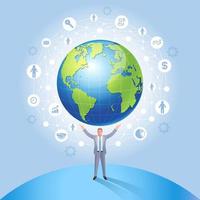 Business Global Network Management System concept. Businessman on the earth vector illustration.