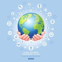 Global network management system concept. Earth in hands vector illustration.