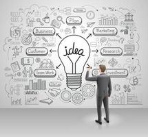 Businessman drawing business idea light bulb on wall. Graphic doodles vector illustration style.