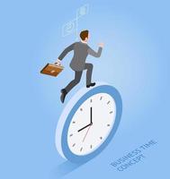 Business time concept. Businessman running with clock. Isometric vector illustration.